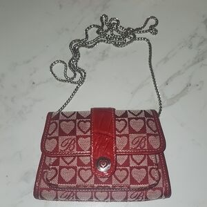 Brighton Red Heart Canvas Croc Leather Mini Wallet Coin Purse w Silver Chain
